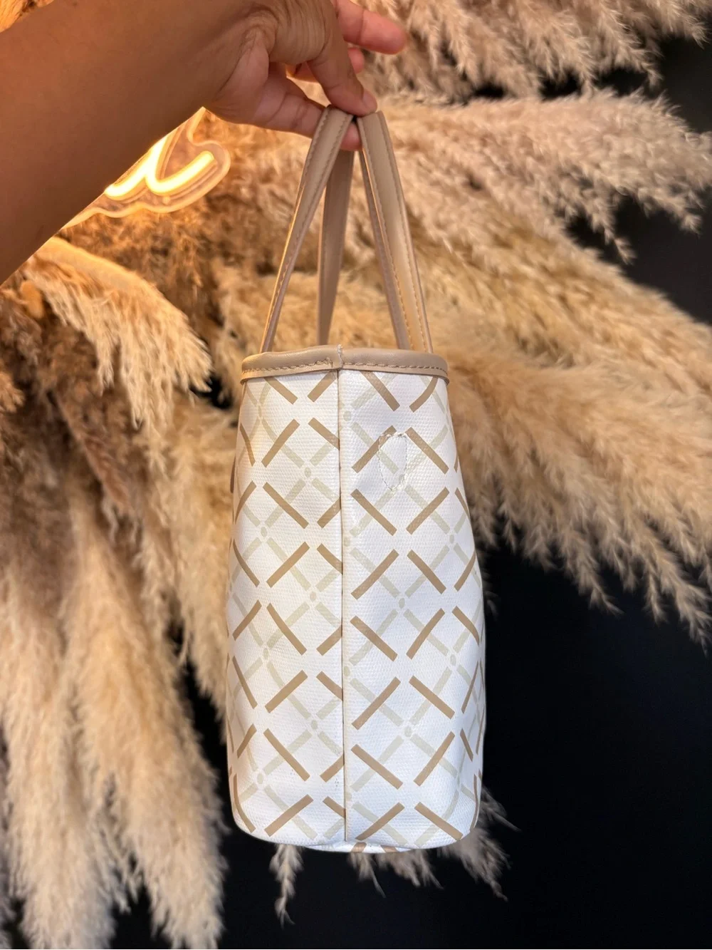 Cream & Tan Patterned Tote Bag